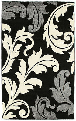 Damask Leaf Design Rug Black Grey