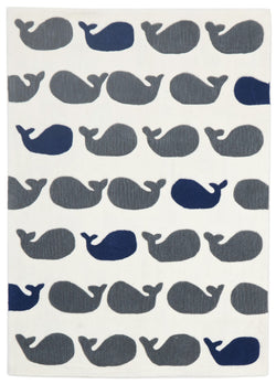 Super Cute Whales Rug White Grey Navy