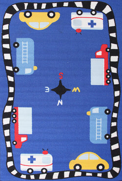 Kids Non Slip Cars Rug Blue