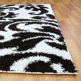 Damask Style Print Shag Rug Black White