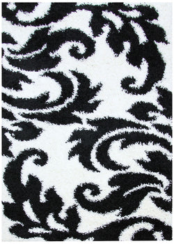 Damask Style Print Shag Rug Black White